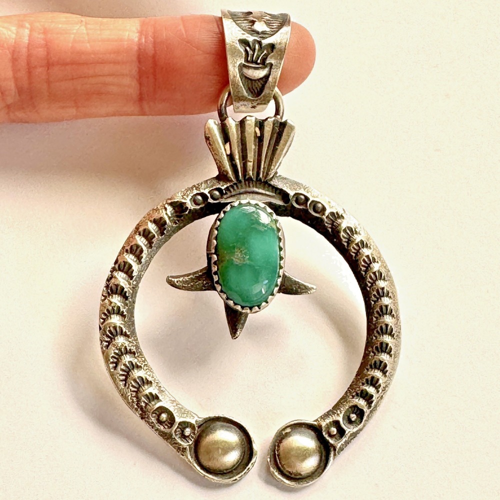 Navajo‎ Naja Pendant Turquoise 2.5in Squash Blossom Matte Pearl Signed EL Billah